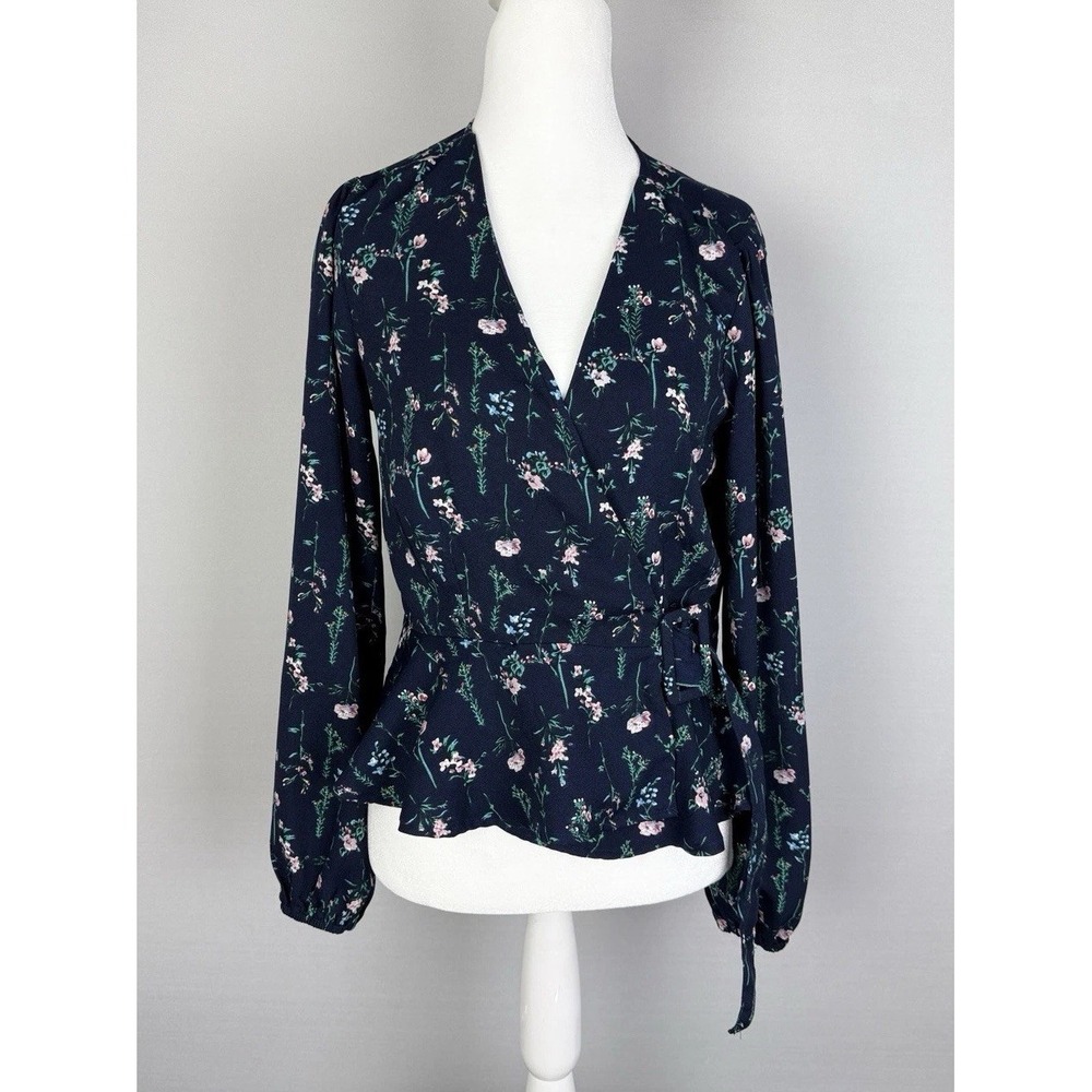 Sugar + Lips Floral Wrap Blouse with Long Sleeves - Navy Blue Size M